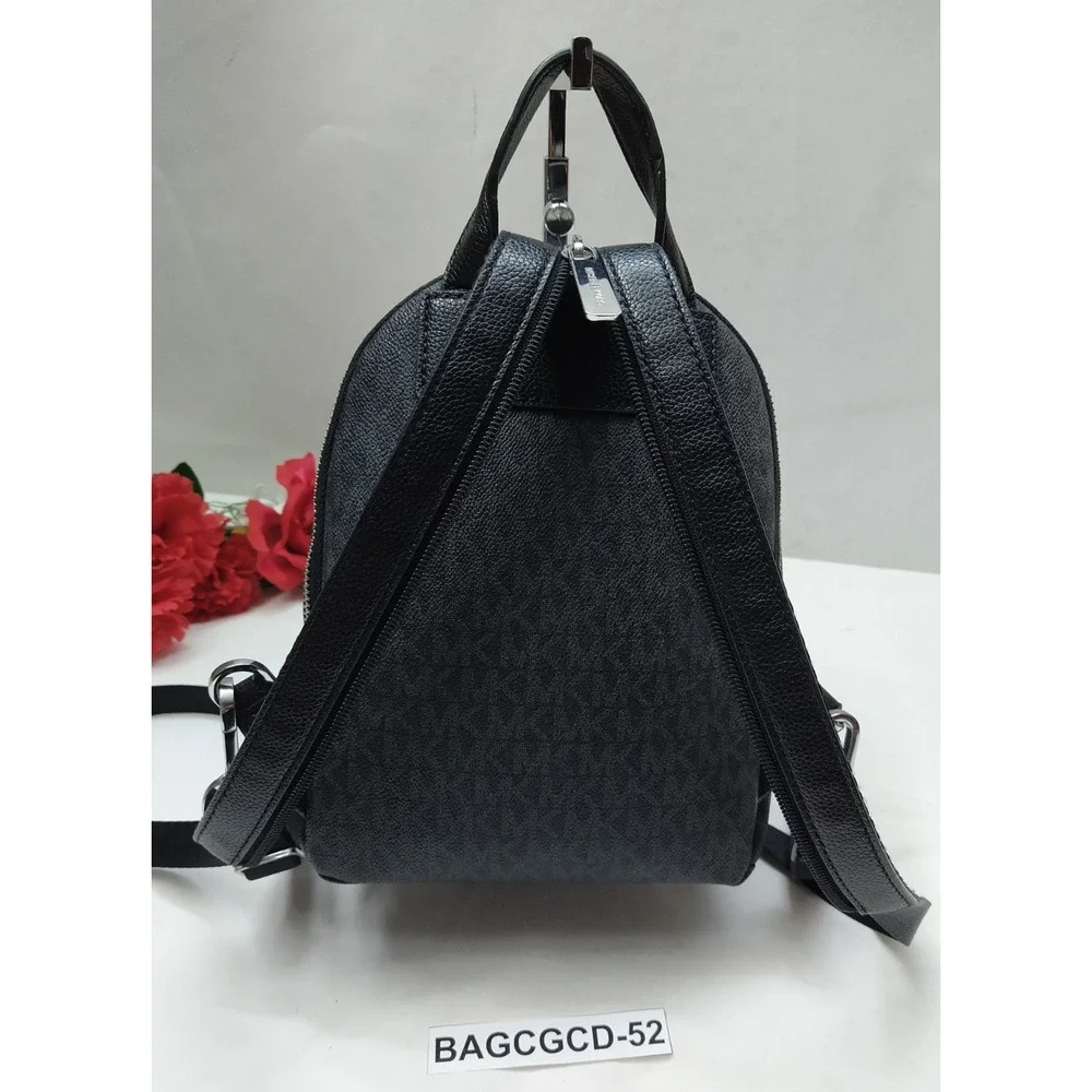 Michael Kors Black Leather MK Printed Zipper Closure Top Handles Backpack